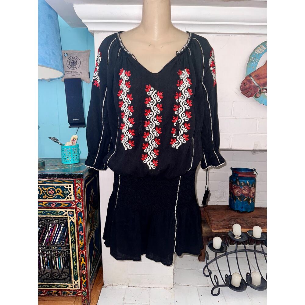 ULLA JOHNSON BLACK 100% COTTON GAUZE EMBROIDERED PEASANT DRESS 2